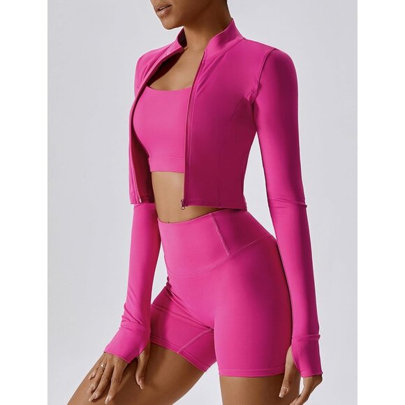Feoya Womens Pink Slim Fit Long Sleeve Full Zip Workout Crop Jacket For Sports - Picture 5 of 6
